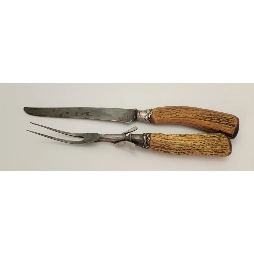 Antique Landers Frary Clark Stag Antler Carving Knife Fork Set Aetna Works
